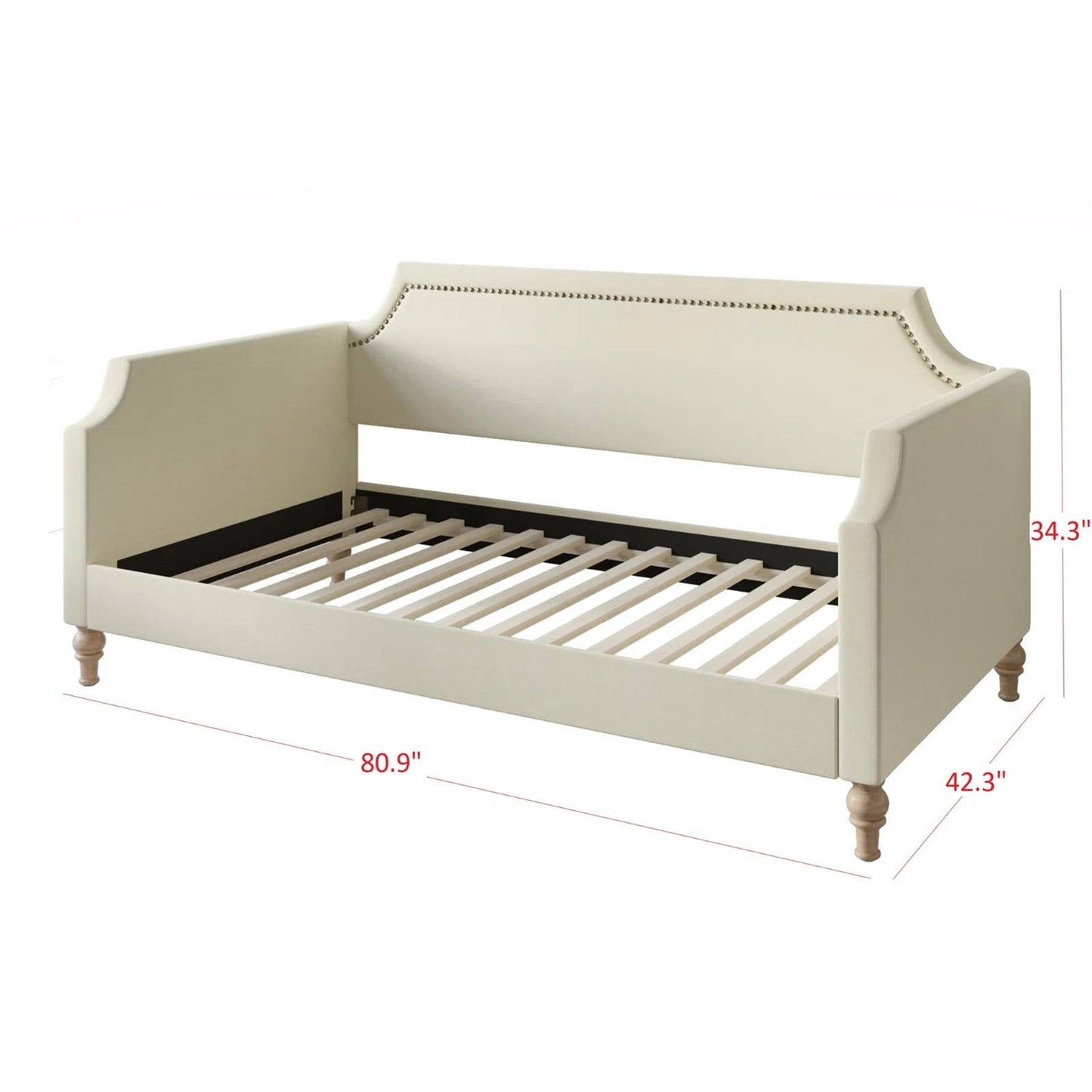 Sofá cama tapizado en tela de poliéster beige crema tamaño twin con ribete de tachuelas