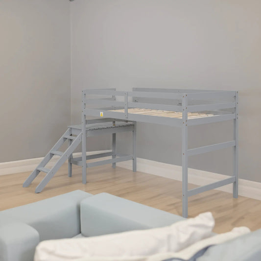 Grey metal twin loft bed with ladder and platform, space-saving design on Tampa Home & Garden Store