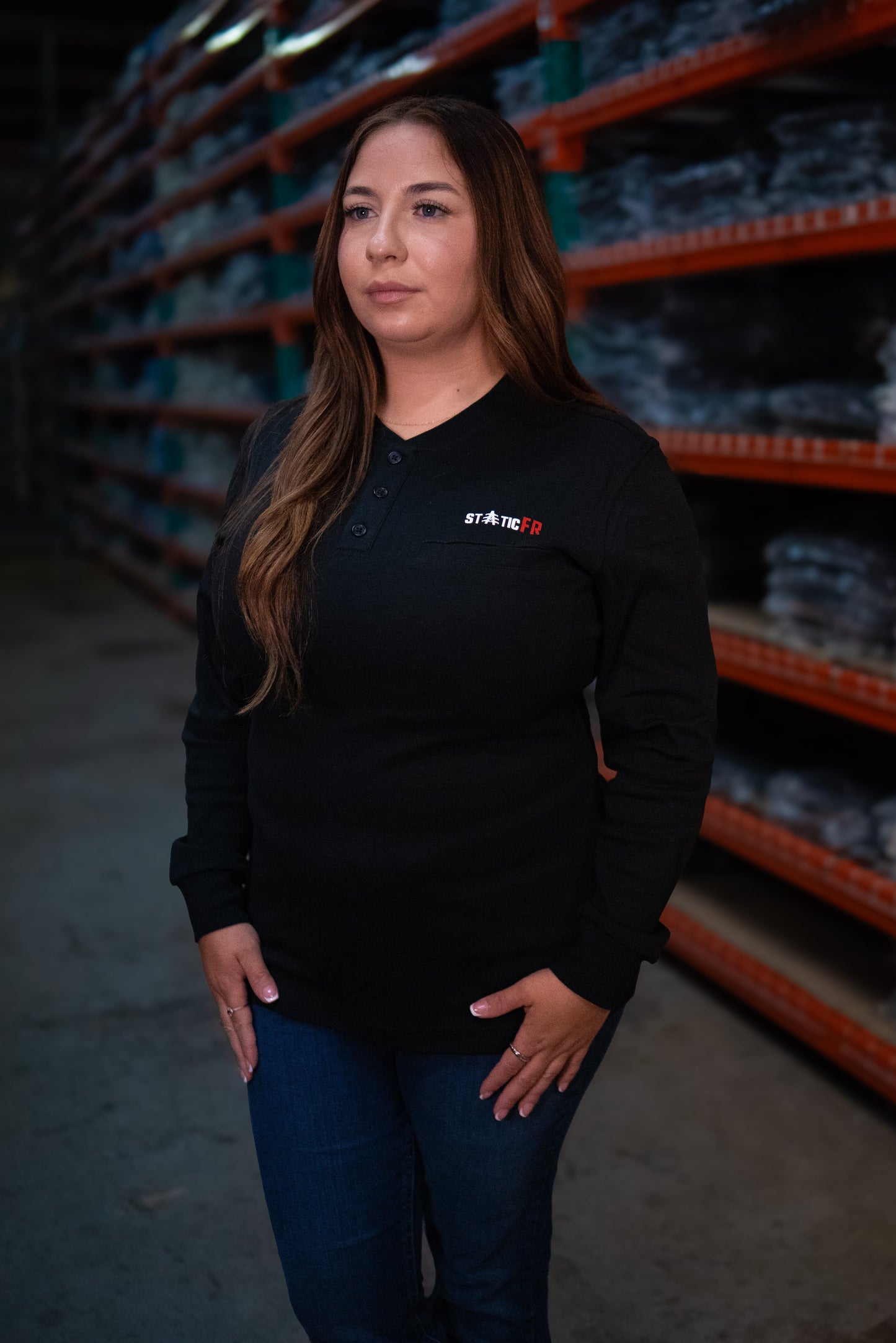 Women's FR Henley a 3 Button Black Safety Shirt