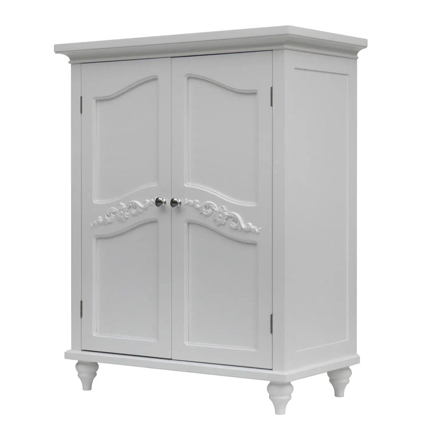 Bathroom linen storage floor cabinet white wood finish 2 doors chrome knobs feet HomePacific on Tampa Home & Garden Store