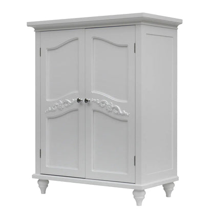 Bathroom linen storage floor cabinet white wood finish 2 doors chrome knobs feet HomePacific on Tampa Home & Garden Store