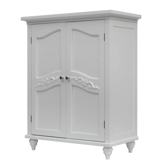 Bathroom linen storage floor cabinet white wood finish 2 doors chrome knobs feet HomePacific on Tampa Home & Garden Store