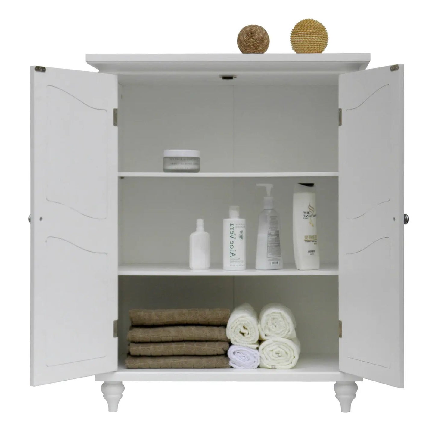 Bathroom Linen Storage Floor Cabinet with 2 Doors in White Wood Finish, shelves and towels shown on Tampa Home & Garden Store