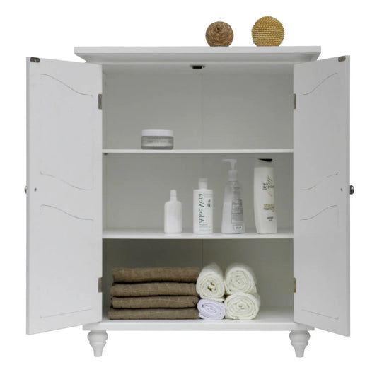 Bathroom Linen Storage Floor Cabinet with 2 Doors in White Wood Finish, shelves and towels shown on Tampa Home & Garden Store