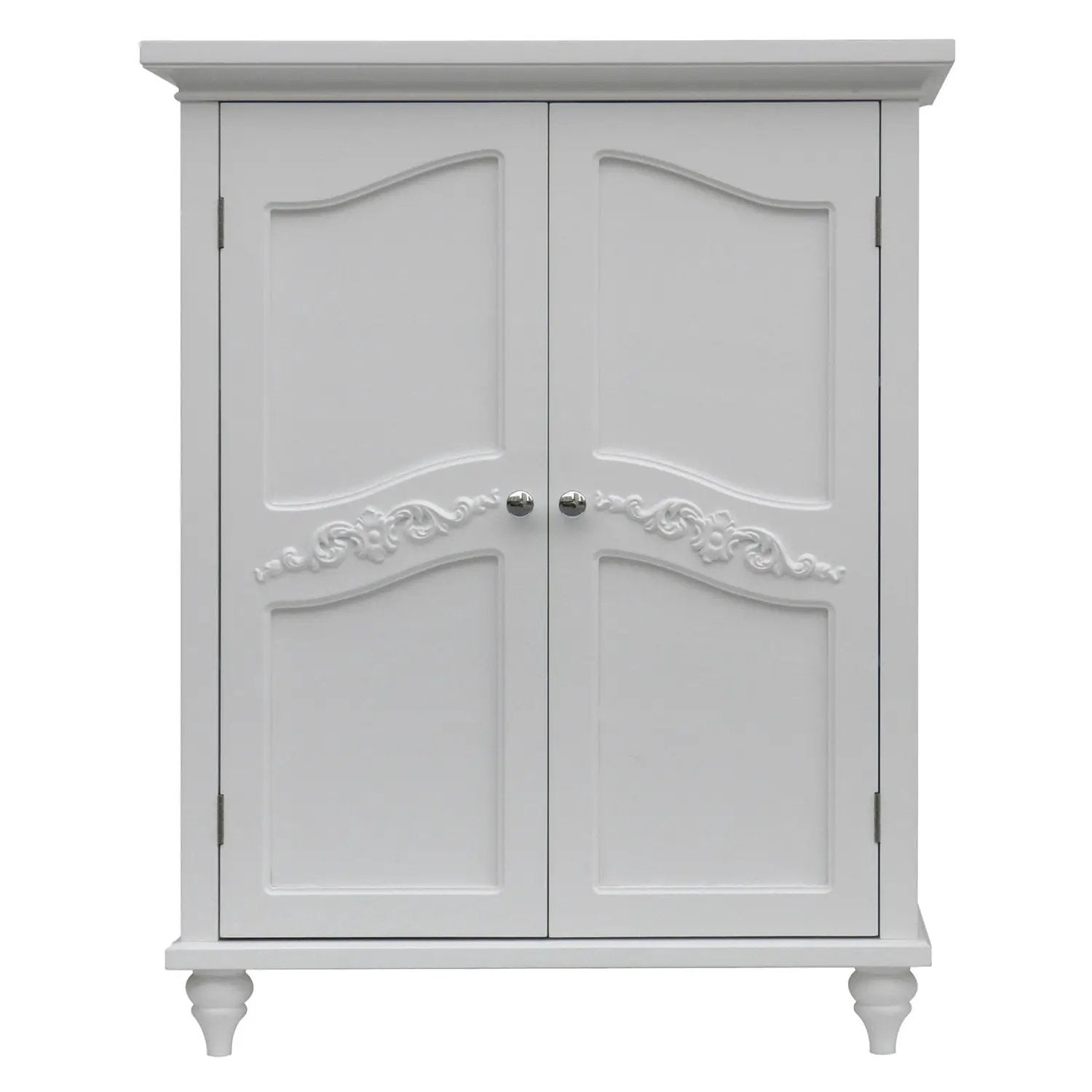 Bathroom linen storage floor cabinet with 2 doors in white wood finish, carved detail and knobs on Tampa Home & Garden Store