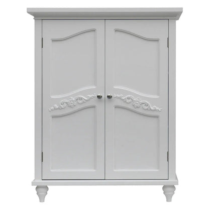 Bathroom linen storage floor cabinet with 2 doors in white wood finish, carved detail and knobs on Tampa Home & Garden Store