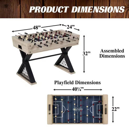 Mesa de futbolín de 48 pulgadas de estilo industrial moderno con patas en forma de X robustas y 2 balones