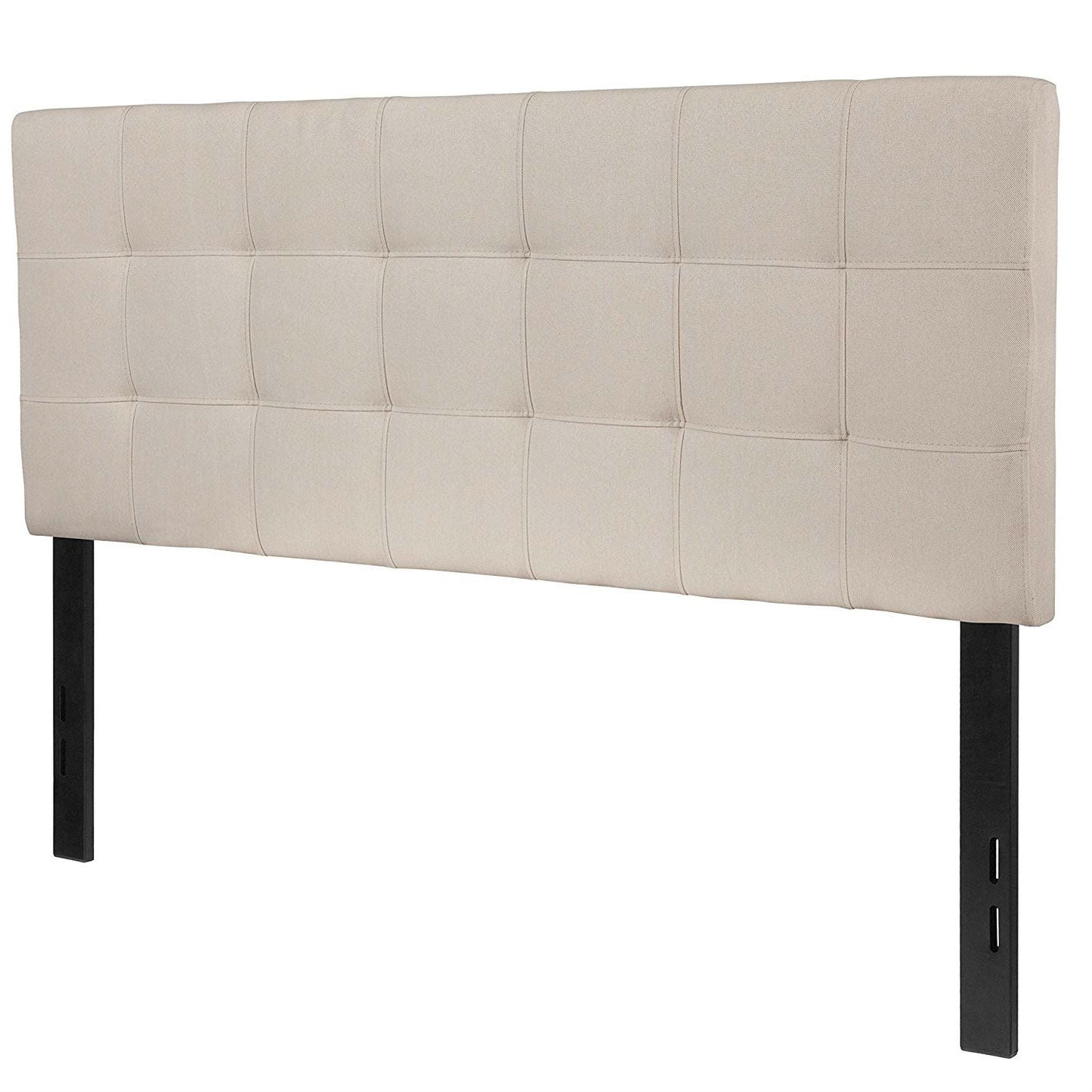 Cabecero tapizado de tela beis/gris topo con pespuntes en forma de caja, tamaño matrimonial