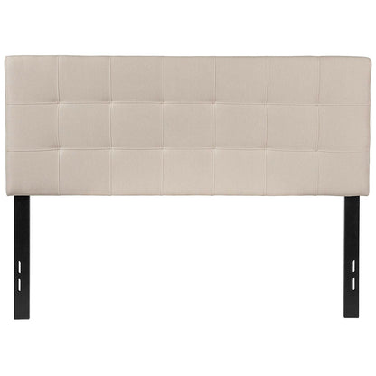 Cabecero tapizado de tela beis/gris topo con pespuntes en forma de caja, tamaño matrimonial
