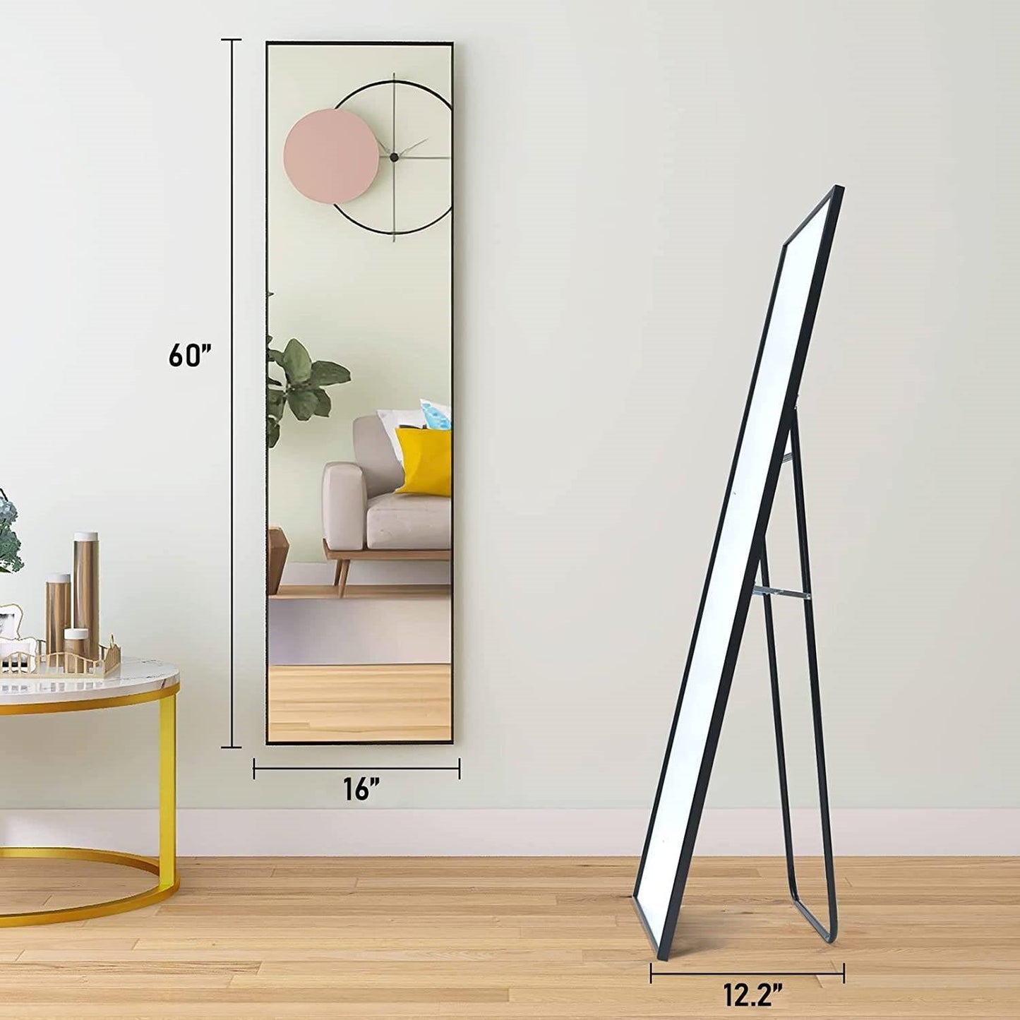 Espejo de cuerpo entero moderno con soporte o para montaje en pared con marco negro