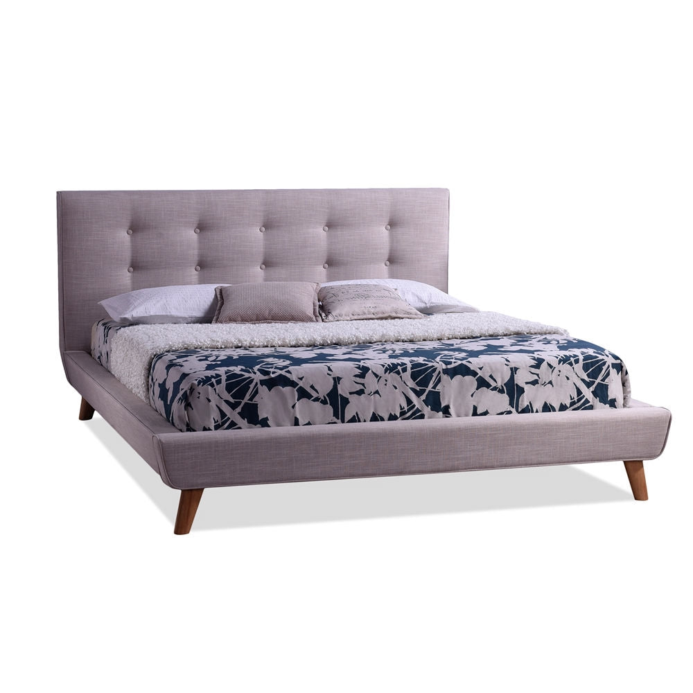 Cama de plataforma tapizada de lino beige de tamaño completo con cabecero capitoné