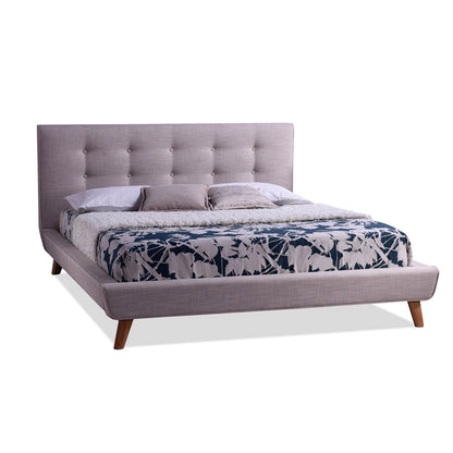 Cama de plataforma tapizada de lino beige de tamaño completo con cabecero capitoné