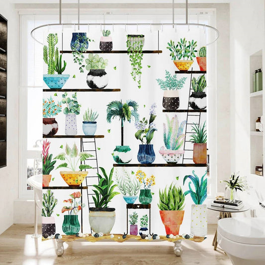 72-in. Watercolor Plants Botanical Floral Flower Pots Succulents Shower Curtain - Tampa Home & Garden Store
