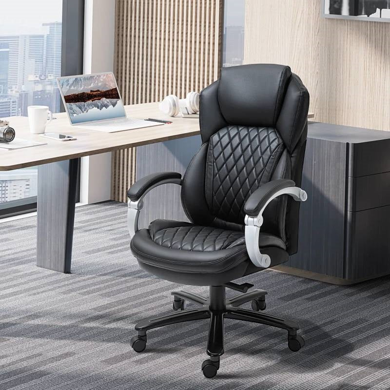 Sillón ejecutivo de oficina, grande y alto, negro, con costuras de diamante y altura ajustable