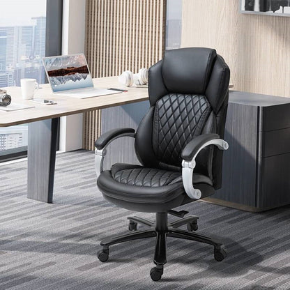 Sillón ejecutivo de oficina, grande y alto, negro, con costuras de diamante y altura ajustable