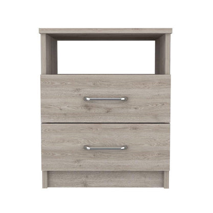 Mesita de noche moderna de 2 cajones con estante abierto en acabado de madera beige