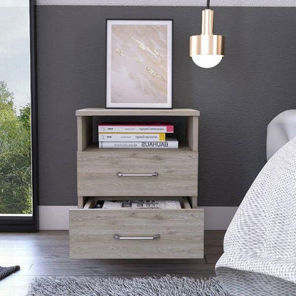 Mesita de noche moderna de 2 cajones con estante abierto en acabado de madera beige