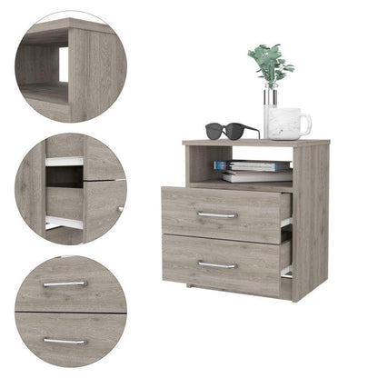 Mesita de noche moderna de 2 cajones con estante abierto en acabado de madera beige
