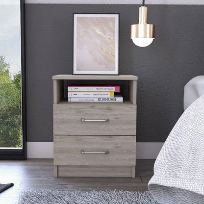 Mesita de noche moderna de 2 cajones con estante abierto en acabado de madera beige