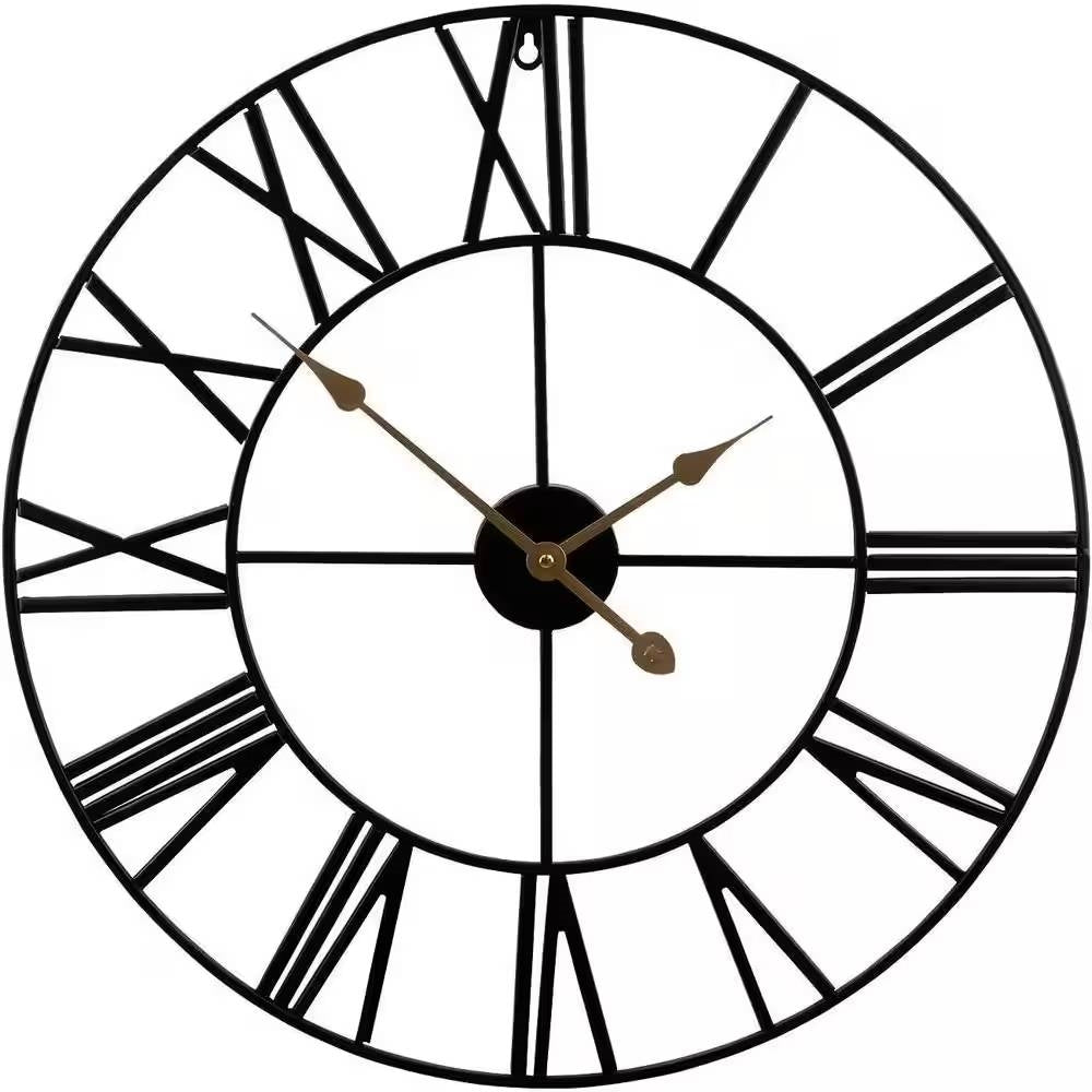 Reloj de Pared Redondo de Metal Negro de 24 Pulgadas con Números Romanos y Manecillas Doradas