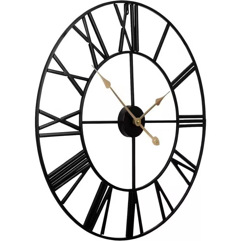 Reloj de Pared Redondo de Metal Negro de 24 Pulgadas con Números Romanos y Manecillas Doradas