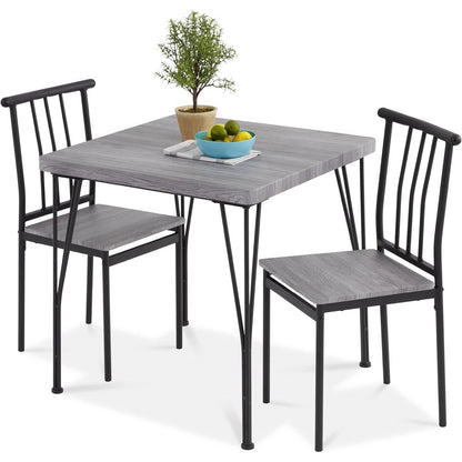Juego de comedor moderno de 3 piezas con estructura metálica, mesa con tapa de madera gris y 2 sillas