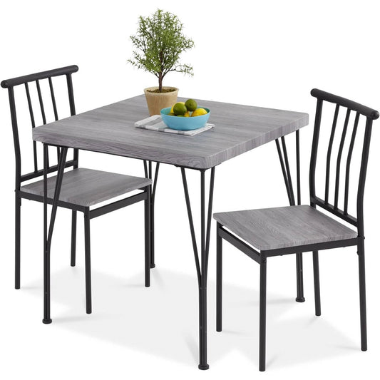 Juego de comedor moderno de 3 piezas con estructura metálica, mesa con tapa de madera gris y 2 sillas