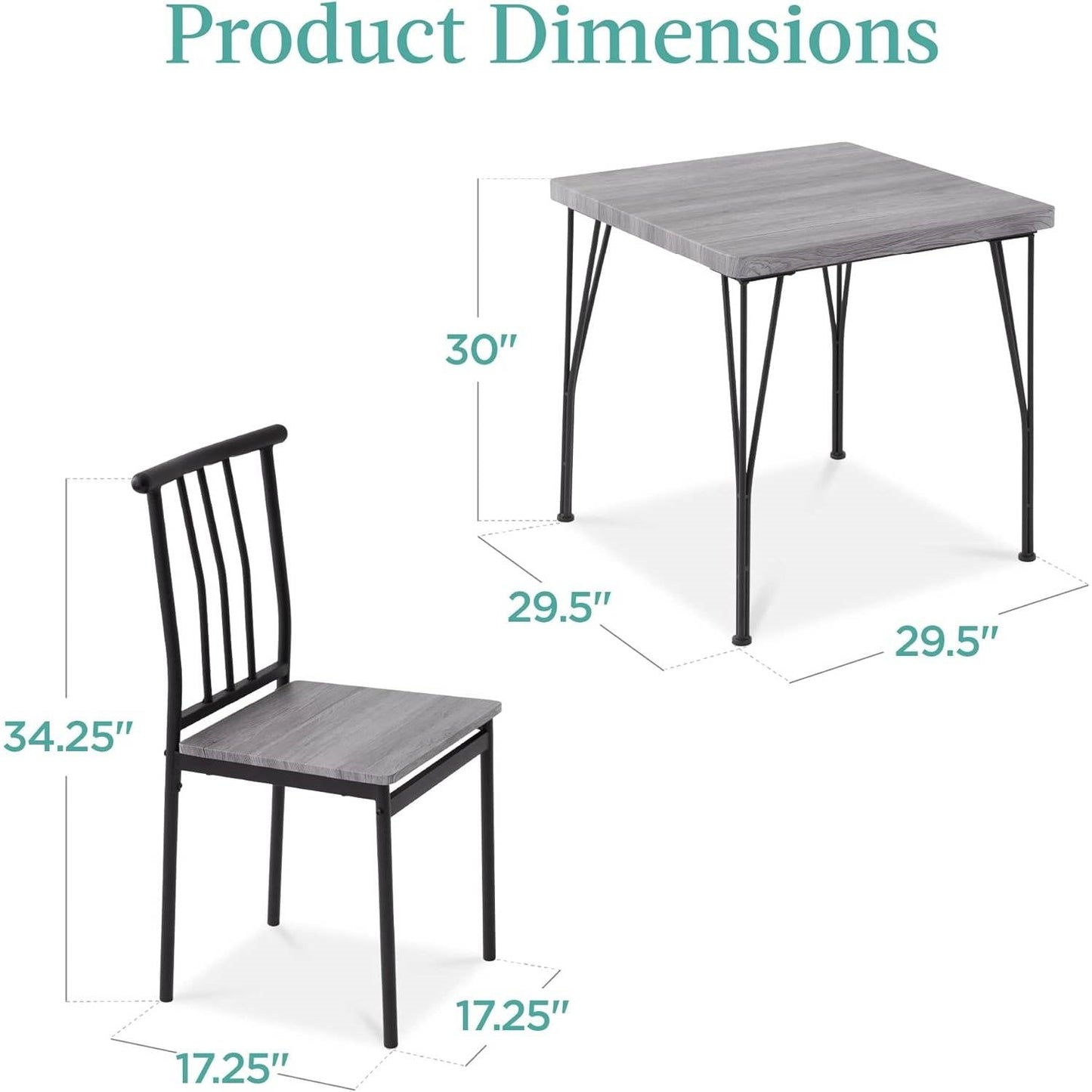 Juego de comedor moderno de 3 piezas con estructura metálica, mesa con tapa de madera gris y 2 sillas