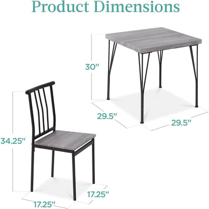 Juego de comedor moderno de 3 piezas con estructura metálica, mesa con tapa de madera gris y 2 sillas