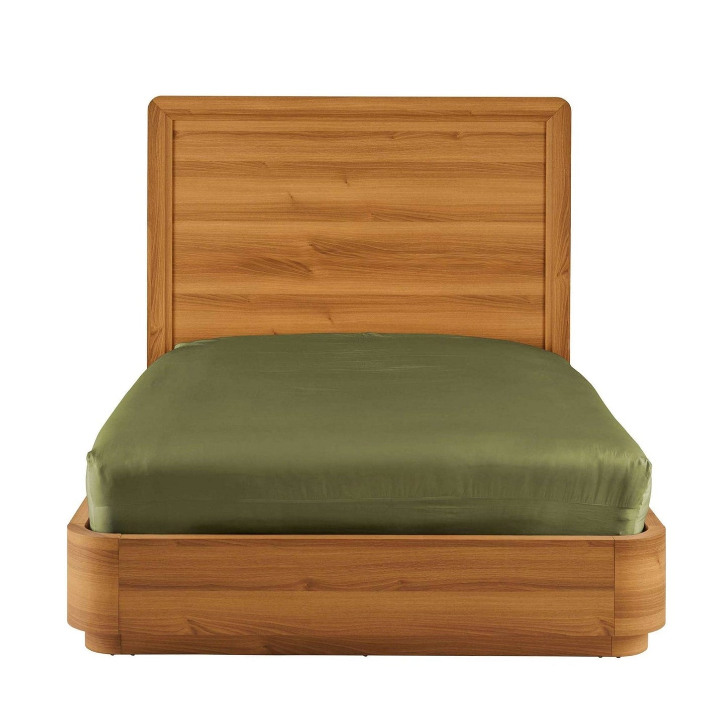 Marco de cama plataforma de madera moderna Queen con esquinas redondeadas y cabecero