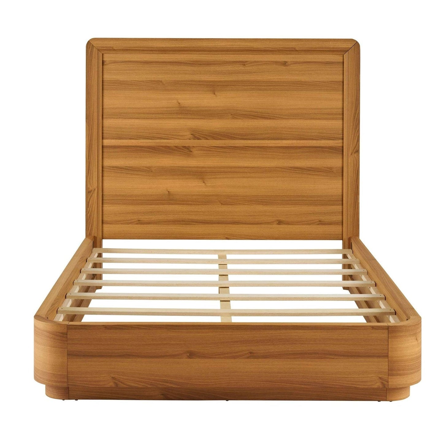 Marco de cama plataforma de madera moderna Queen con esquinas redondeadas y cabecero