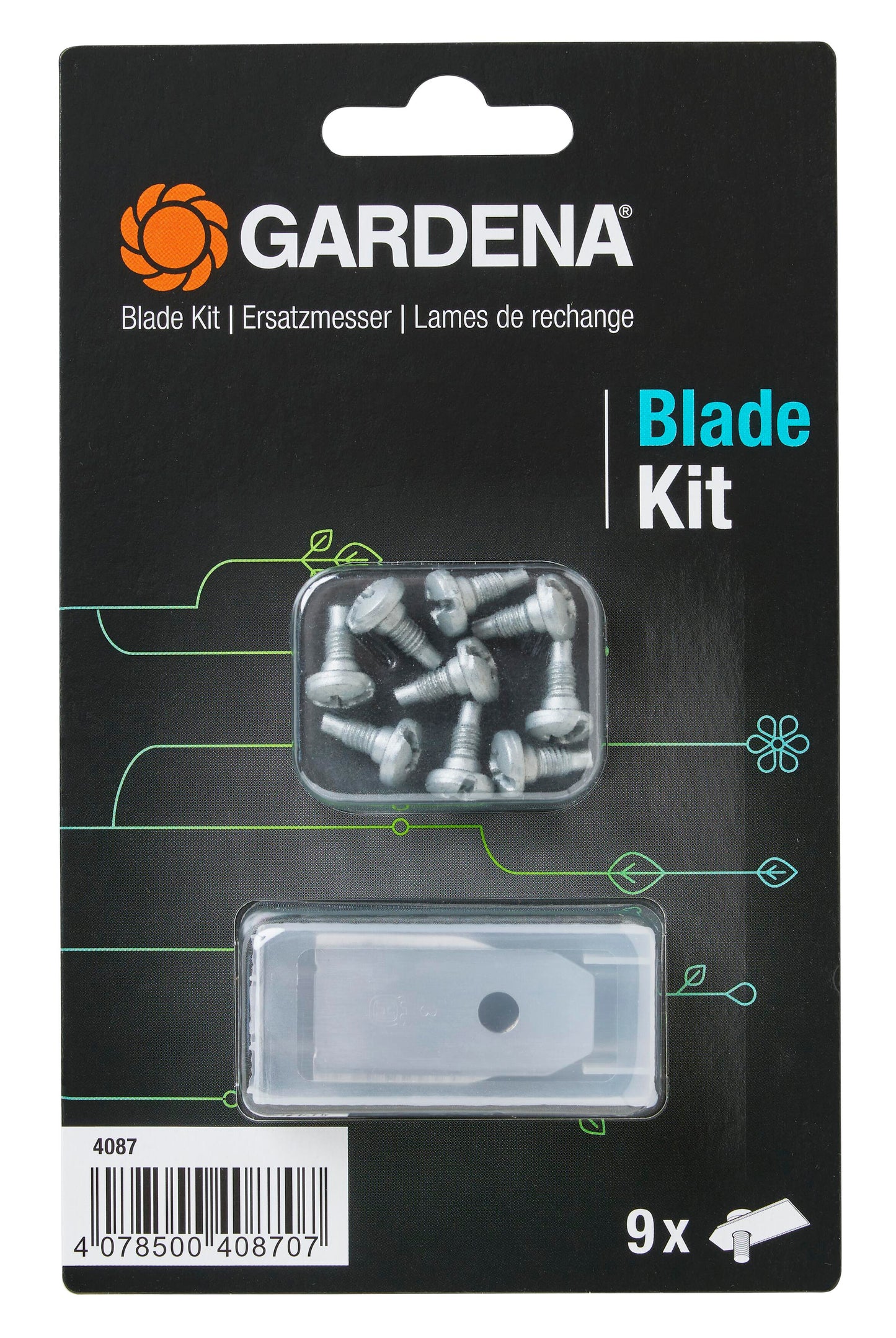 Gardena Blade Kit for lawn mower blades with 9 screws in clear trays on black packaging on Tampa Home & Garden Store