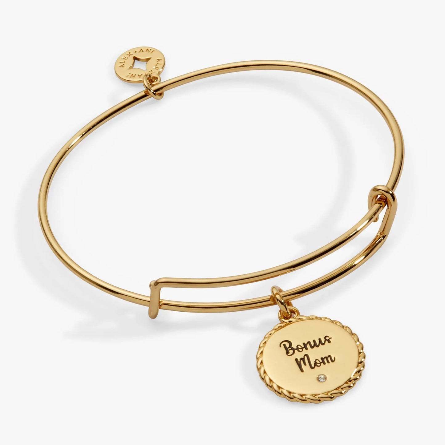 Bonus Mom charm bangle by Alex and Ani in gold-tone with round disc charm and brand tag on Tampa Home & Garden Store