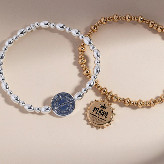 Bracelet Mom A Title Above Queen Beaded Stretch Charm, silver and gold beads, ALEX AND ANI on Tampa Home & Garden Store