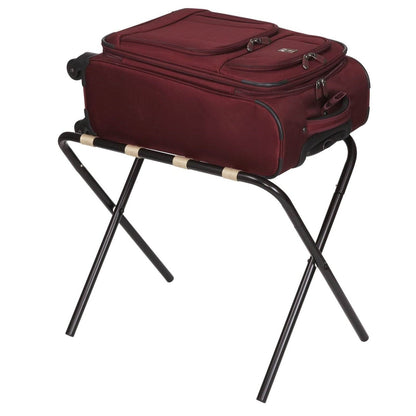Portaequipajes plegable de metal negro con correas de tela caqui