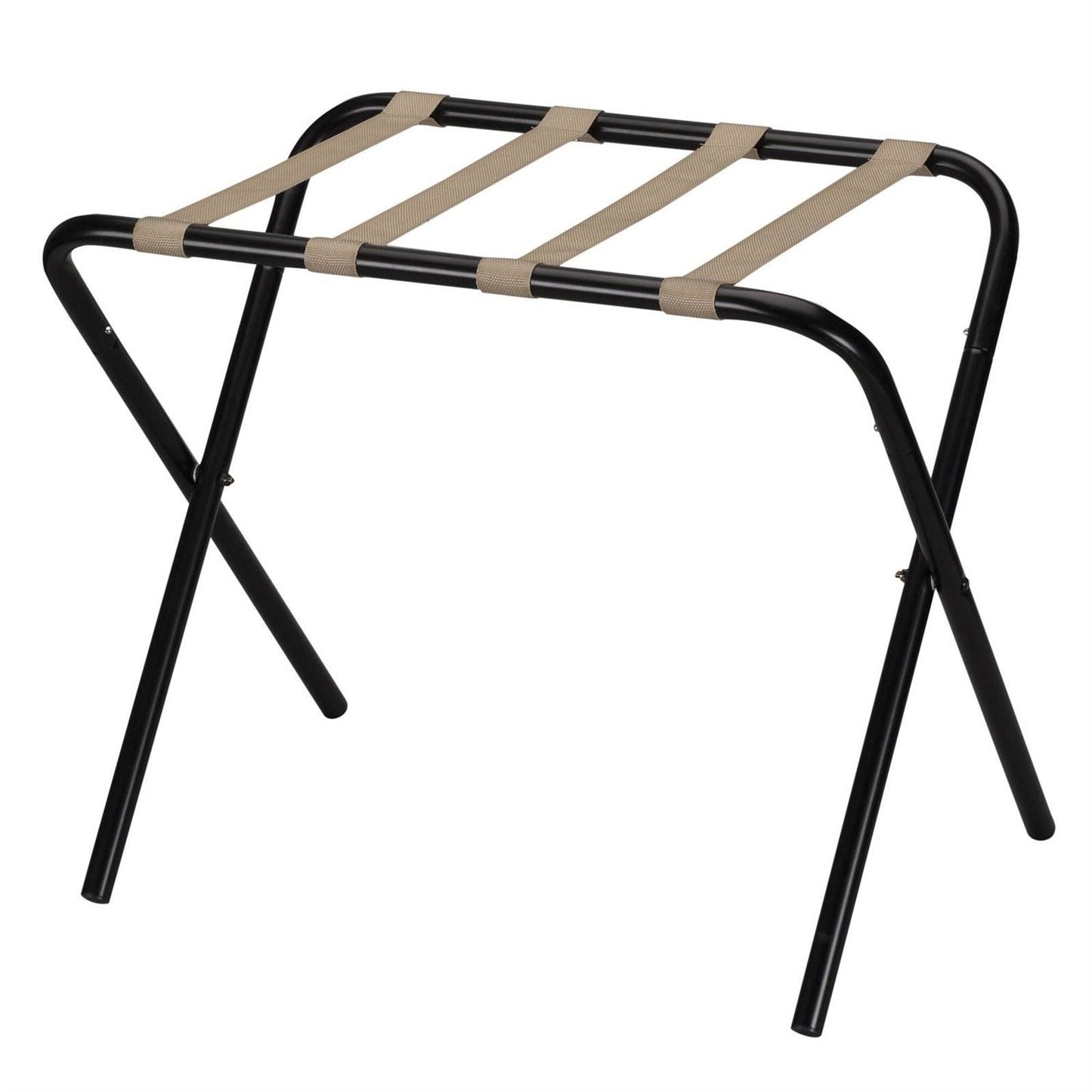 Portaequipajes plegable de metal negro con correas de tela caqui