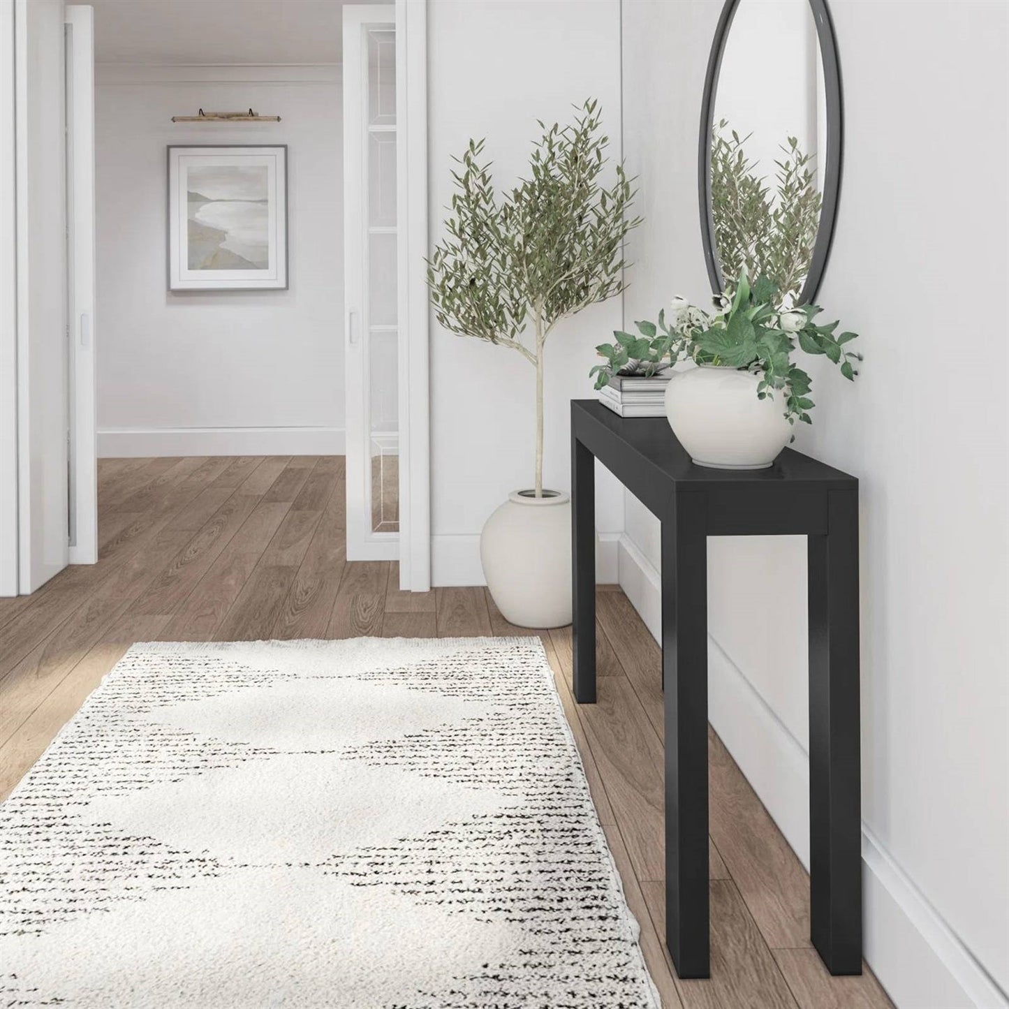 Mesa consola / mesa auxiliar de madera maciza moderna con acabado en negro