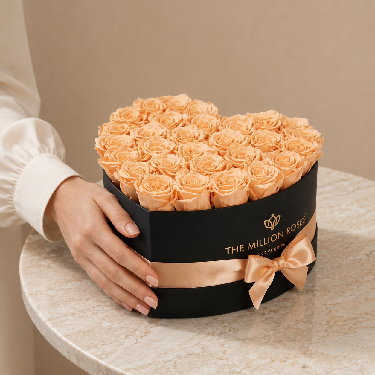 Heart Black Box peach eternity roses by The Million Roses in a round black box with peach ribbon on Tampa Home & Garden Store