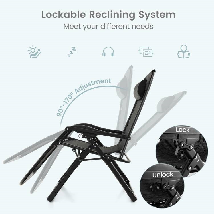 Sillón reclinable antigravedad negro con cojín extraíble y bandeja portavasos