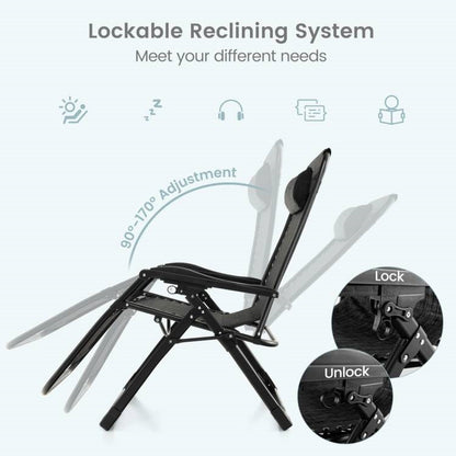 Sillón reclinable antigravedad negro con cojín extraíble y bandeja portavasos