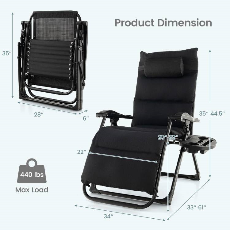 Sillón reclinable antigravedad negro con cojín extraíble y bandeja portavasos