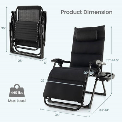 Sillón reclinable antigravedad negro con cojín extraíble y bandeja portavasos