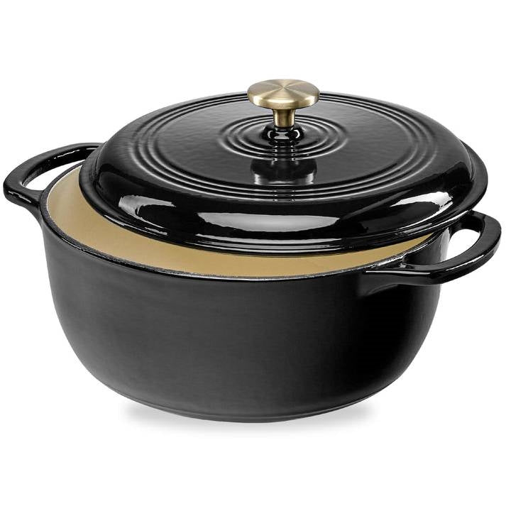 Olla de hierro fundido esmaltado negro de 6 cuartos de galón, utensilio de cocina