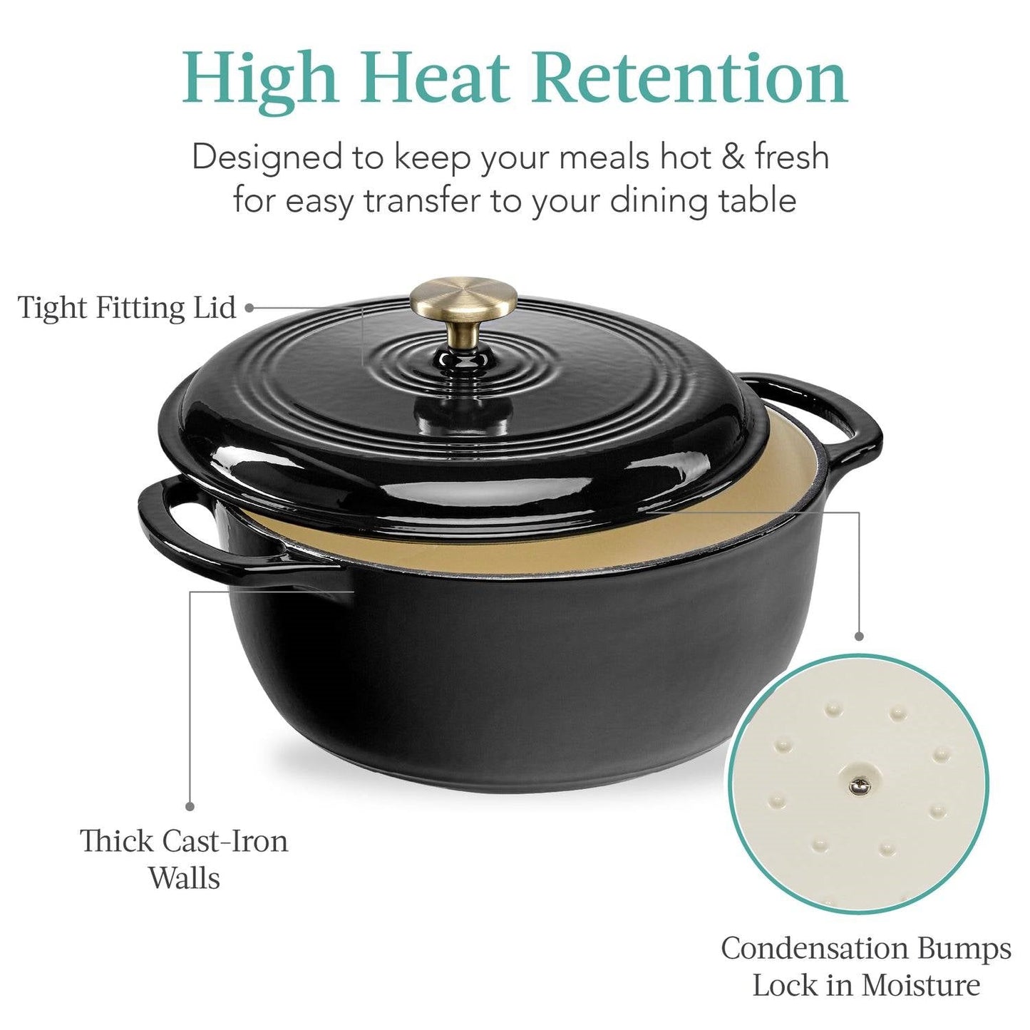 Olla de hierro fundido esmaltado negro de 6 cuartos de galón, utensilio de cocina