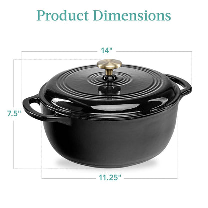 Olla de hierro fundido esmaltado negro de 6 cuartos de galón, utensilio de cocina