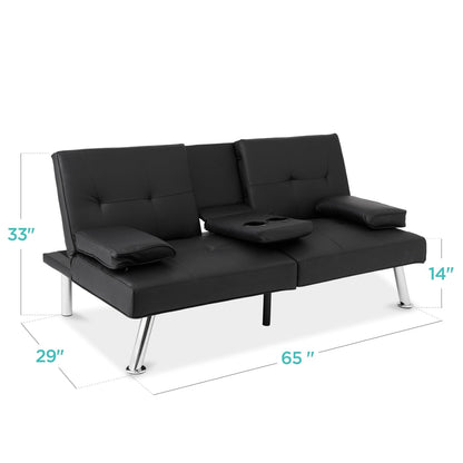 Futón Sofá Convertible de Piel Sintética Negra con 2 Portavasos