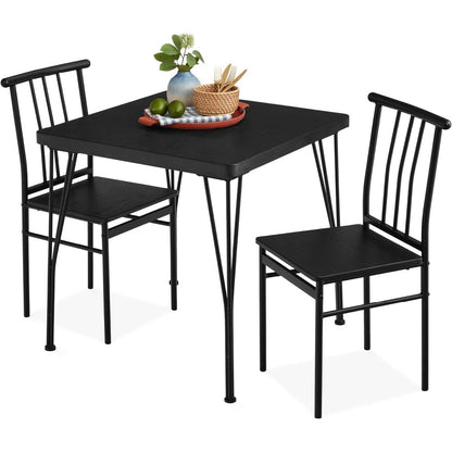 Juego de comedor moderno de 3 piezas con estructura de metal, mesa con superficie de madera negra y 2 sillas