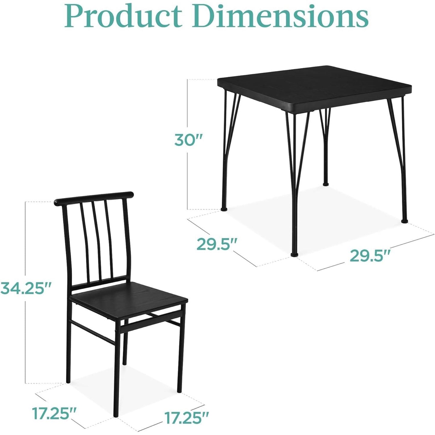 Juego de comedor moderno de 3 piezas con estructura de metal, mesa con superficie de madera negra y 2 sillas