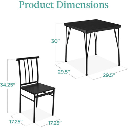 Juego de comedor moderno de 3 piezas con estructura de metal, mesa con superficie de madera negra y 2 sillas