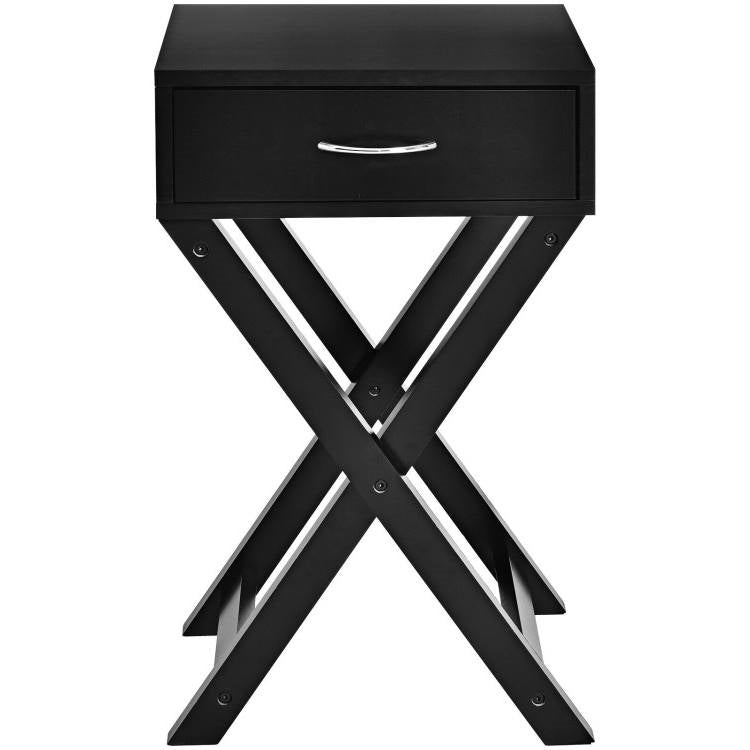 Mesa de noche/auxiliar con 1 cajón y forma de X para almacenamiento en color negro